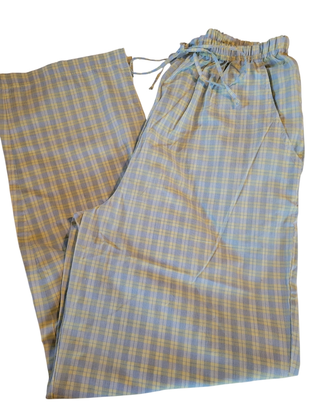 Casual 60% Cotton Lounge Summer Plaid Pants Yellow & Blue Size Medium - Picture 2 of 14